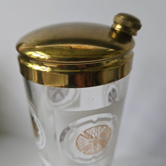 Vintage Glass Cocktail Shaker With Gold-Tone Lid & Retro Pattern Design - Picture 14 of 16